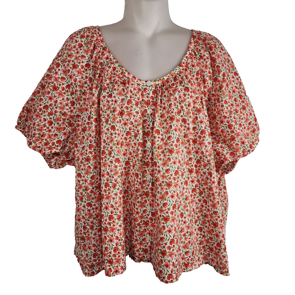 Old Navy Womens Airy Button Down Top XL Short Sleeve Red Floral Cotton Relaxed